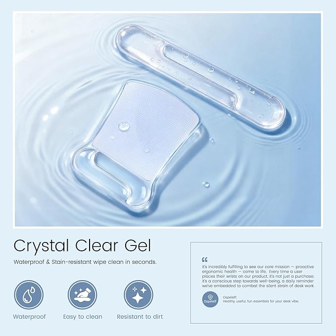 Ospelelf Clear Mouse Pad with Wrist Rest and Ergonomic Gel Keyboard Hand Wrist Set, Support for Typing Gaming, Relieve Wrist Pain, Cool & Easy to Clean, for Office, Programmer, Home Computer Use