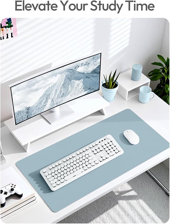 YSAGi Leather Desk Protector, Office Mat, Large Mouse Mat, Non-Slip PU Leather Blotter, Laptop Desk Pad, Waterproof Writing Pad for Office and Home (Ice Blue, 31.5" x 15.8")