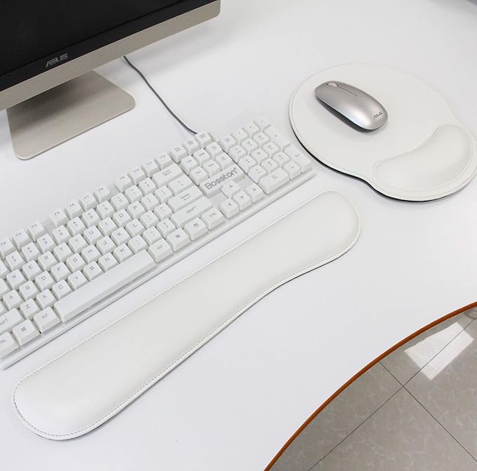RICHEN Ergonomic PU Leather Keyboard Wrist Rest and Mouse Pad with Wrist Support, Memory Foam Set for Office and Gaming, Comfortable & Lightweight for Easy Typing (White)