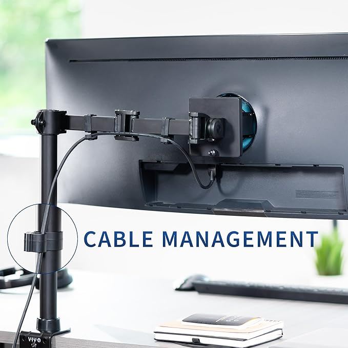 VIVO Single Ultra-Wide Monitor Desk Mount for up to 49 inch Ultrawide Screens, Clamp-on Adjustable Stand Holds 44 lbs, VESA up to 100x100mm, Black, STAND-V100M