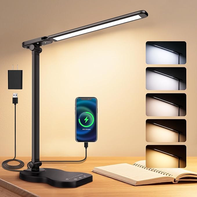 Desk Lamps for Home Office, Dimmable LED Desk Lamp, 5 Color Modes, 10 Brightness, Touch Desk Light with USB Charging Port for Nail Craft Puzzle Sewing Study - Black