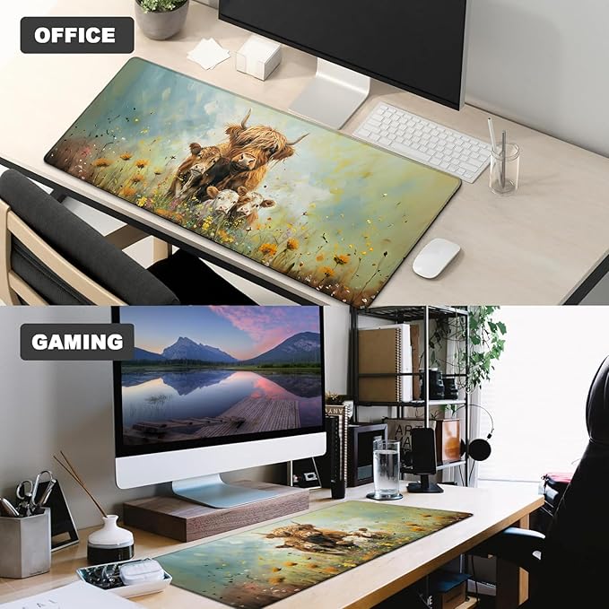 Highland Cow Family Gaming Mouse Pad,12x31.5in Non-Slip Rubber Cute Cattle Desk Mat,Large Extended Farmhouse Spring Mousepad for Office Home Laptop,Mice Pads Gifts,Game Lover Deskmat Decor
