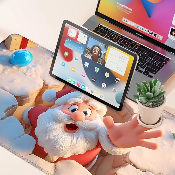 Desk Mat, XXL Extended Gaming Pad for Desktop, 35x16 Inches Santa Breaking Through Wall, Large Non-Slip Vegan Leather Surface with Stitched Edges, Keyboard Mouse Mat for Home Office