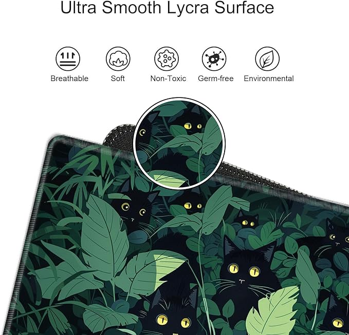 Grass Black Cat Mouse Pad Gaming Desk Mat 24x12 Mousepad XL Desk Pad Long Computer Mat Large Mouse Pads for Wireless Mouse Office Work Women