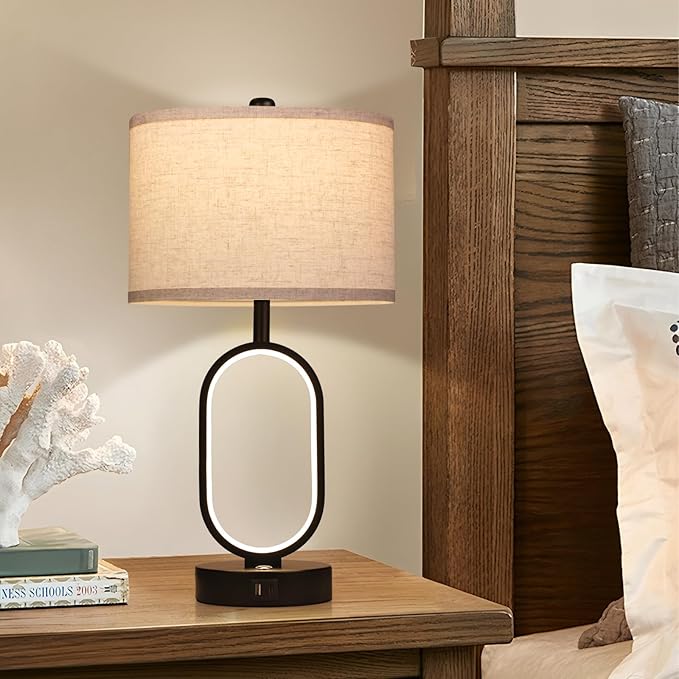 23" Bedside Lamps Set of 2, Farmhouse 3-Way Dimmable Touch Lamps for Nightstand, Built-in Night Light Bedside Table Lamp with USB A+C Ports, Black Table Lamp, LED Bulbs Included