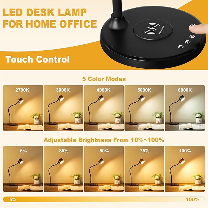 KAiSnova Desk Lamp for Office Home, Gooseneck Desk Lamp with Wireless Charger, Touch Table Lamp with USB C+A Charging Ports, 5 Colors Dimmable Bedside Reading Lamp for College Dorm Room Black
