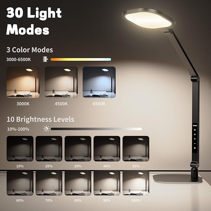 LED Desk Lamp for Home Office – Professional Eye-Caring Soft Diffused Light, Dimmable Desk Lamp with Adjustable Metal Swing Arm, Memory & Timer, Modern Anti-Glare Table Lamp