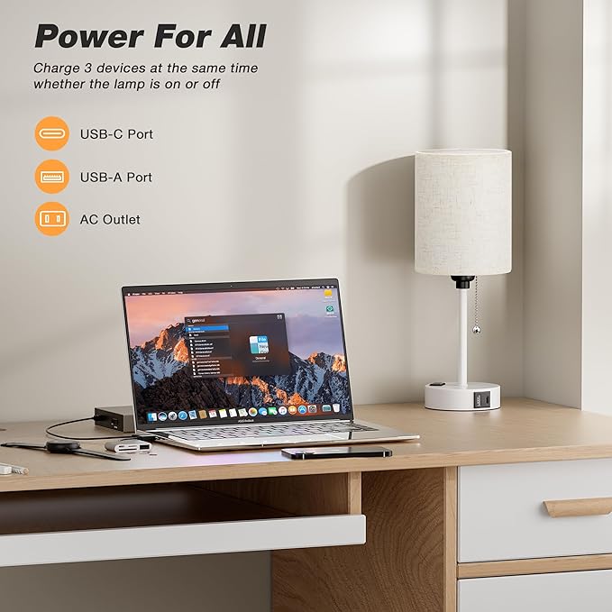 Small Bedside Lamp for Bedroom Nightstand - 3000K 4000K 5000K Bedside Lamps with USB C and A Ports, Pull Chain Table Lamps with AC Outlet, Nightstand Lamps with White Metal Base for Kids Reading