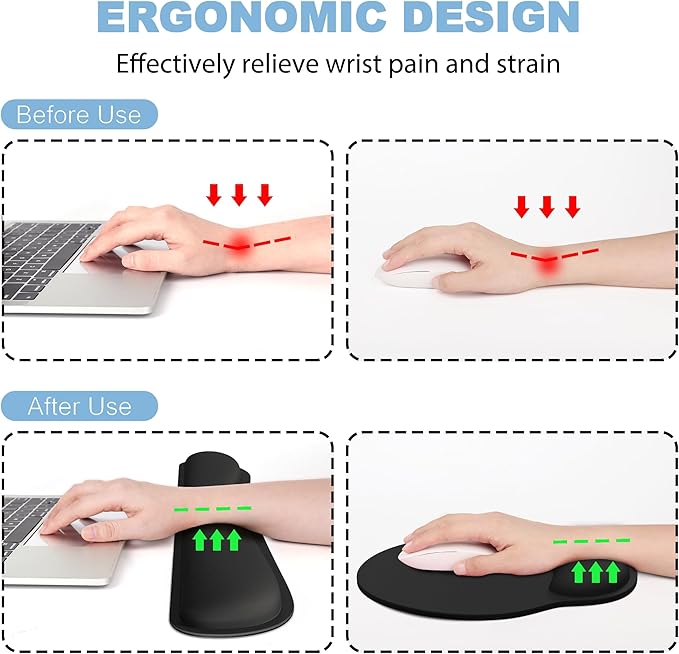 Ergonomic Mouse Pad with Wrist Rest and Keyboard Wrist Rest, Mousepad and Wrist Rest for Computer Keyboard, Non-Slip Rubber Base, Mouse Pad with Wrist Support for Gaming, Office, Black