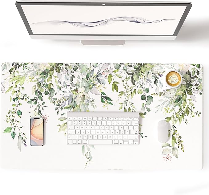 Colorful Star Large Mouse Pad, Green Leaves Waterproof Office Desk Mat, Non-Slip Gaming Mouse Pad, XXL PC Laptop Protector Pads, PU Leather Desk Writing Pads for Office Home, 31.5" x 15.7"