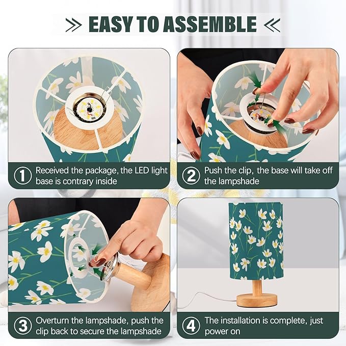 Green Floral LED Table Lamp, Bedside Lamp with Linen Lampshade, Flicker-Free Eye Care USB Plug in Nightstand Lamp, for Bedroom and Office
