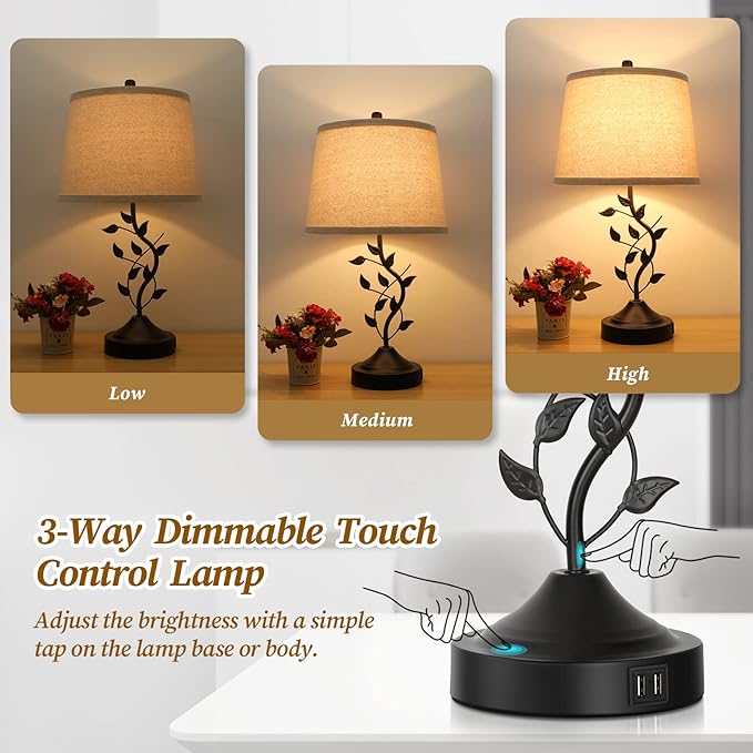 3-Way Dimmable Touch Table Lamps for Living Room Set of 2 Traditional Lamps for Bedroom with 2 USB Charging Ports Bedside Nightstand Lamps for Reading Retro Vine Lamps End Table Office, Bulbs Included