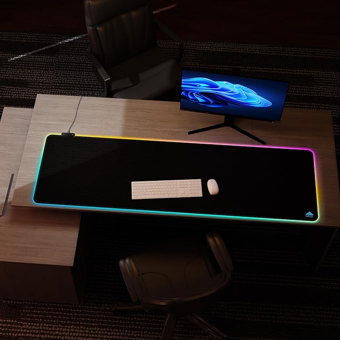 Cacoy 63" x 20" Large RGB Gaming Mouse Pad, Full Desk Extended Keyboard Mousepad with Stitched Edges, 9 Light Modes Desk Mat with Smooth Surface and Non-Slip Rubber Base, LED Computer Mouse Mat, Black