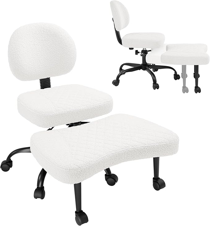 GUNJI Ergonomic Criss Cross Legged Office Chair, 360° Swivel Meditation Kneeling Chair with Wheels, ADHD Chair with Footrest, Lumbar Support, Wider Height Adjustable Seat (White, Faux Leather)