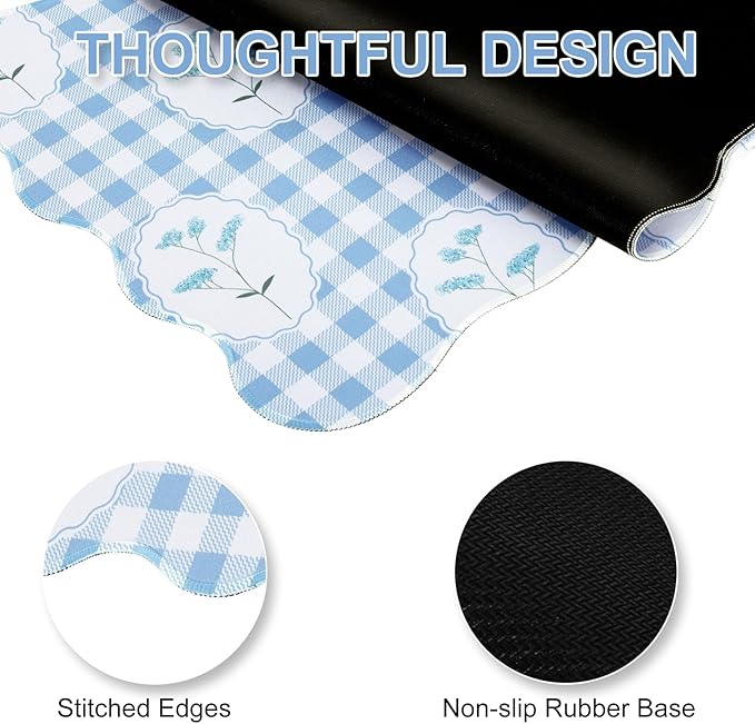 L-SPOUTTO Blue Mouse Pad,Checkered Floral Desk Mat XXL Large Scalloped Gaming Mousepad,35.4x15.7in Non-Slip Rubber Base Keyboard Pad Desktop Mat for Laptop Computer Game Home Office-Checkered Flowers