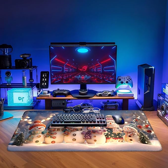 Six Snowmen Extended Gaming Mouse Pad 35.4x15.7Inch Large Desk Mat Anti-Slip Rubber Base & Durable Stitched Edges for Gamers Smooth Mouse Writing Surface for Desk Office/Home