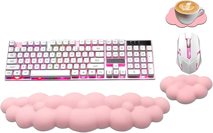 Ergonomic Keyboard Wrist Rest, PU Leather Memory Foam Cloud Wrist Rest for Computer Keyboard, Mouse Wrist Rest and Keyboard Pad for Gaming, Office, Computer, Laptop, Typing, Pastel Pink