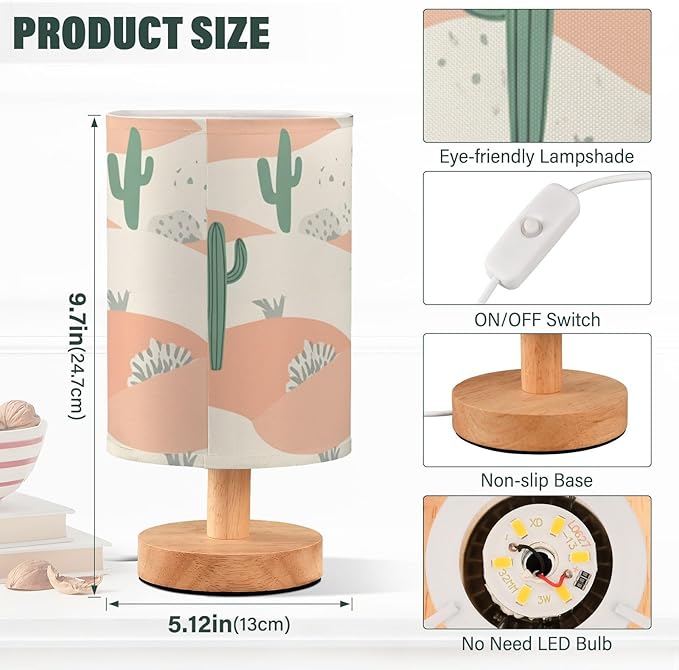 Desert Cactus LED Table Lamp, Bedside Lamp with Linen Lampshade, Flicker-Free Eye Care USB Plug in Nightstand Lamp, for Bedroom and Office