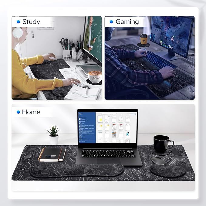 Gimars 4 in 1 Mouse Pad and Keyboard Wrist Rest Set, Large Mouse Pad with Memory Foam Wrist Support Pad for Desk with Coaster, Easy Typing, Gaming Office Home 31.5x12 in, Topographic Map