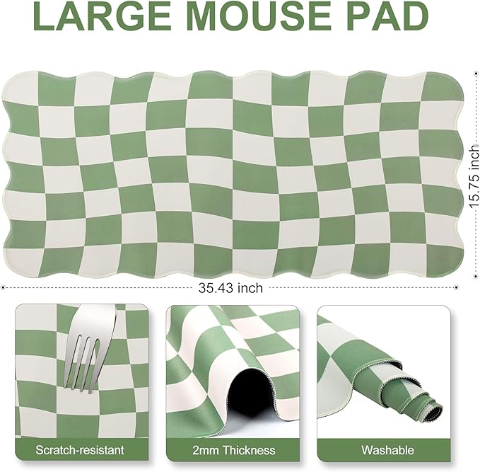 L-SPOUTTO Green Mouse Pad,Geometric Desk Mat XXL Large Scalloped Gaming Mousepad,35.4x15.7in Non-Slip Rubber Base Keyboard Pad Waterproof Desktop Mat for Laptop Computer Game Home Office-Checkered