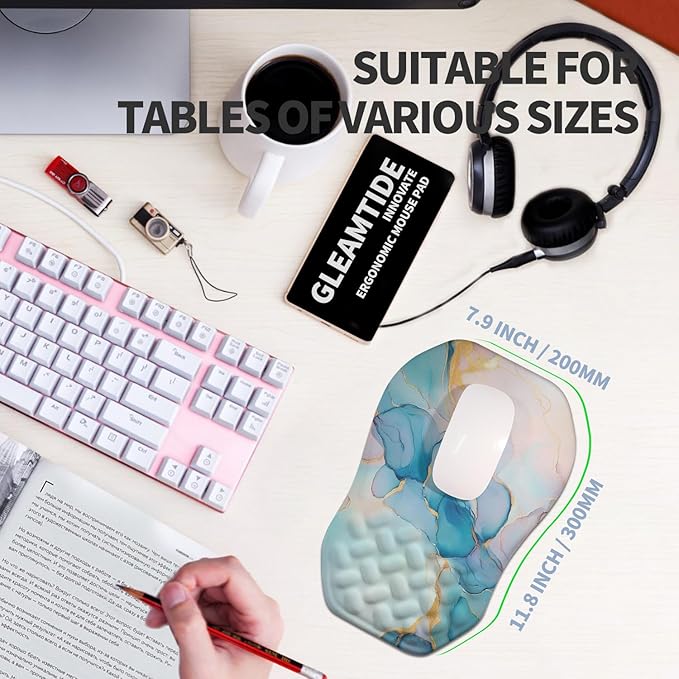 Ergonomic Raised Mouse Pad Wrist Support with Bilateral Slope Memory Foam Mousepad for Wrist Rest and Carpal Tunnel 11.8x7.9〃Blue Marble