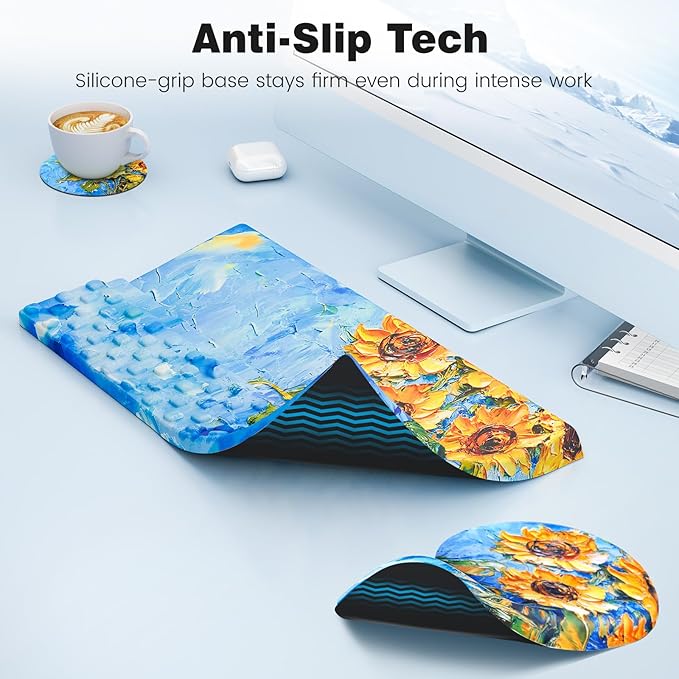 Ospelelf Ergonomic Mouse Pad and Keyboard Stand Wrist Rest Set, Memory Foam Comfort, for Typing, Office Desk Accessories, Sunflower