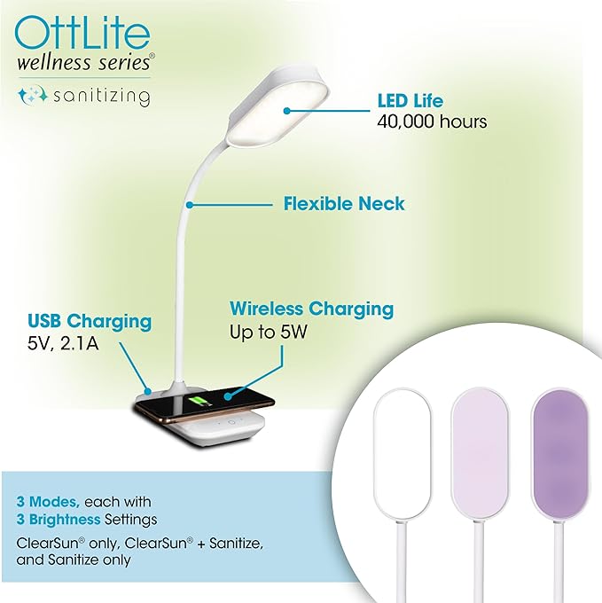 OttLite Achieve LED Sanitizing Desk Lamp Wireless Charging and USB Charging - Touch Activated, Flexible Neck, Modern Light for Reading, Crafting & Office Desktop