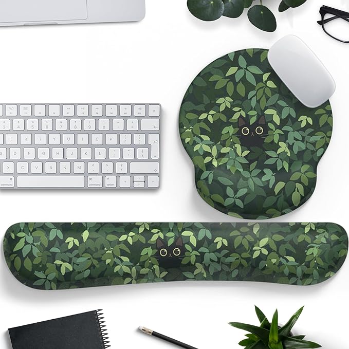 Cute Ergonomic Green Mouse Pad Cat Wrist Support,[ 20% Larger] Wrist Rest Gel Anime Kawaii 3D Green Office Plants Mouse Pads, Keyboards Silicon Wrist Pad, Game Work Study Home Office.