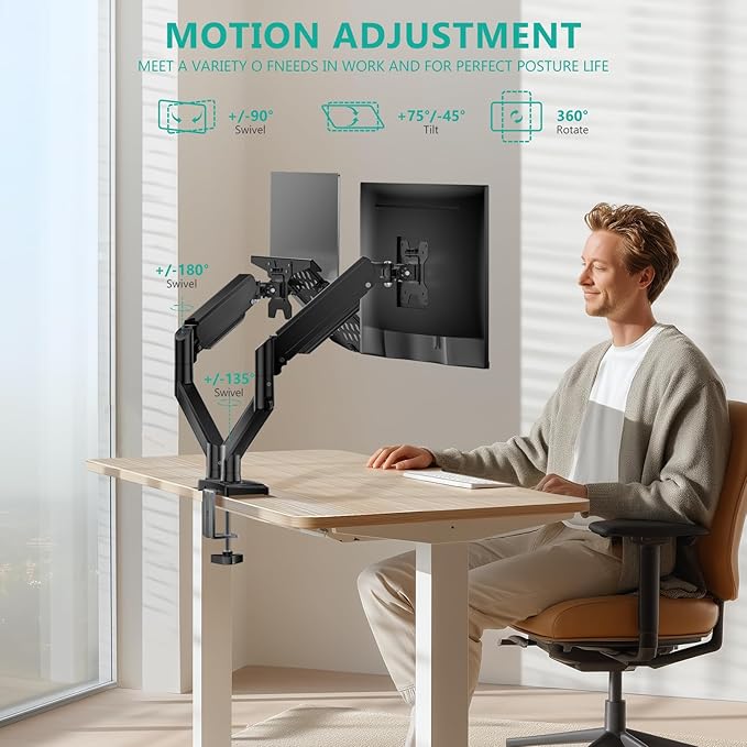 WALI Dual Arm Laptop and Monitor Desk Mount for 17" Notebook and Up to 32" Screen, Gas Spring Dual Monitor Arm with Laptop Tray, Holds up to 19.8 lbs per Arm, VESA 75x75 100x100, Black (GSMP002LP)