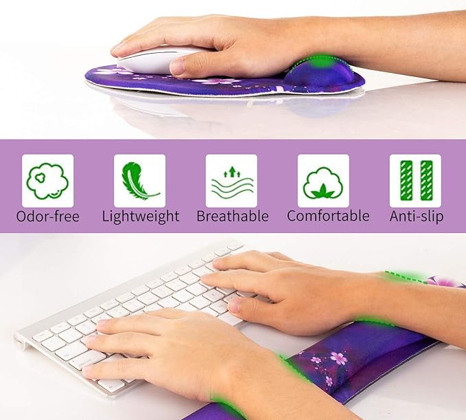 Ergonomic Keyboard Mouse Pad Wrist Rest Support Set for Laptop/Computer/Desktop,Memory Foam Hand Rest Wrist Cushion for Gaming/Office,Lightweight Comfortable (Purple, Flower)