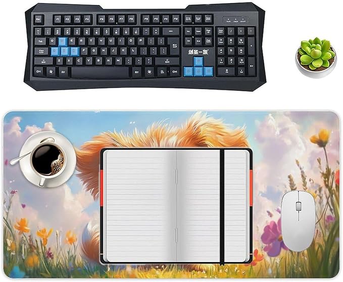 Large Ergonomic Gaming Mouse Pad Charming Fluffy Dog in Bright Meadow - Cute Pet Theme with Non-Slip Base Water-Resistant Surface and Stitched Edges 30x60cm
