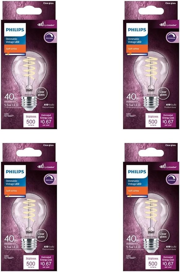 PHILIPS LED 40W A19 4-Pack Vintage Edison Soft White (2700K) 500 Lumen (5.5W = 40W) Dimmable Flicker-Free Light Bulbs