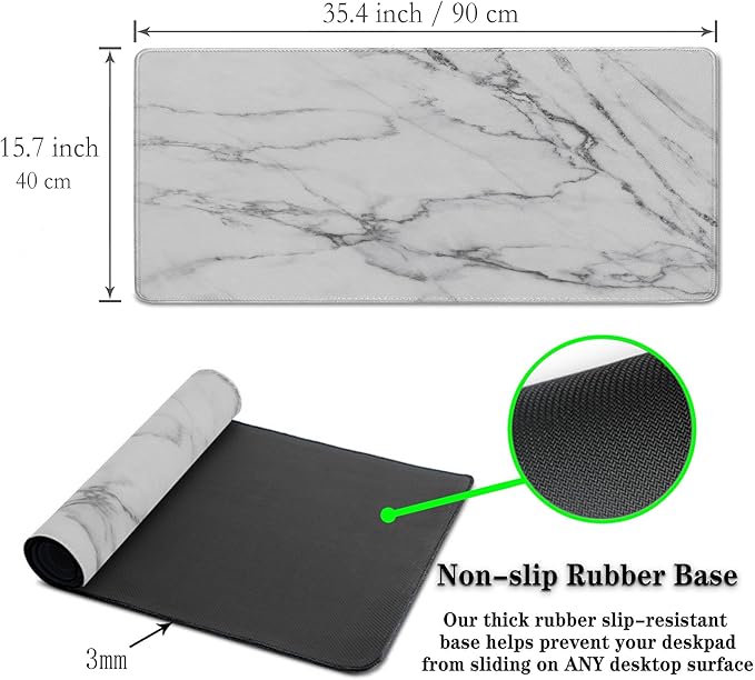 Gaming Mousepad White Gray, Large Mousepad Office Desk Mats, Gaming Mouse Mat Non-Slip Rubber Base Waterproof with Stitched Edges, 35.4 X 15.7 inch for Work/Game/Office/Home Marble Texture