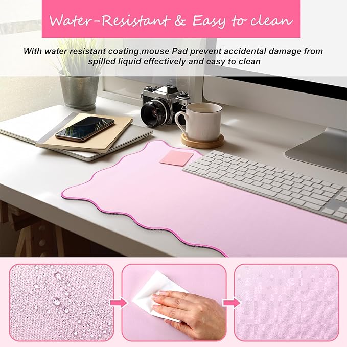 Scalloped Desk Mat Large Scalloped Piping Cute Desk Mat Aesthetic Preppy Table Pad Large Nonslip Pad with Edge Stitching Waterproof Gaming(Pink,31.5 x 15.75 Inches)