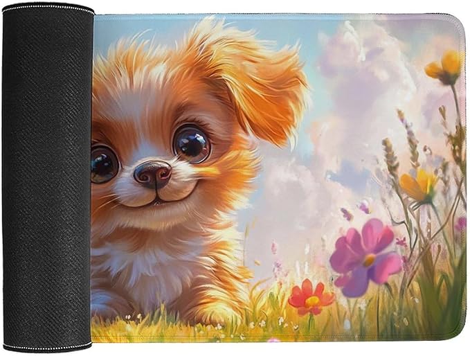 Large Ergonomic Gaming Mouse Pad Charming Fluffy Dog in Bright Meadow - Cute Pet Theme with Non-Slip Base Water-Resistant Surface and Stitched Edges 40X75cm
