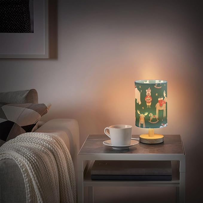 Green Christmas Animal LED Table Lamp, Bedside Lamp with Linen Lampshade, Flicker-Free Eye Care USB Plug in Nightstand Lamp, for Bedroom and Office