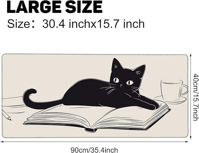 Large Mouse Pad 35.4x15.7 Inch Coffee, Cat and Book Gaming Desk Mat with Non-Slip Rubber Base, Stitched Edges for Gaming,Office