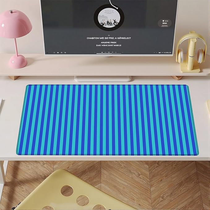 Blue Teal Striped Desk Mat Cute Pastel XXL Large Gaming Mouse Pad Desk Pad Kawaii Aesthetic Home Office Decor Cozy Keyboard Laptop Computer Mat