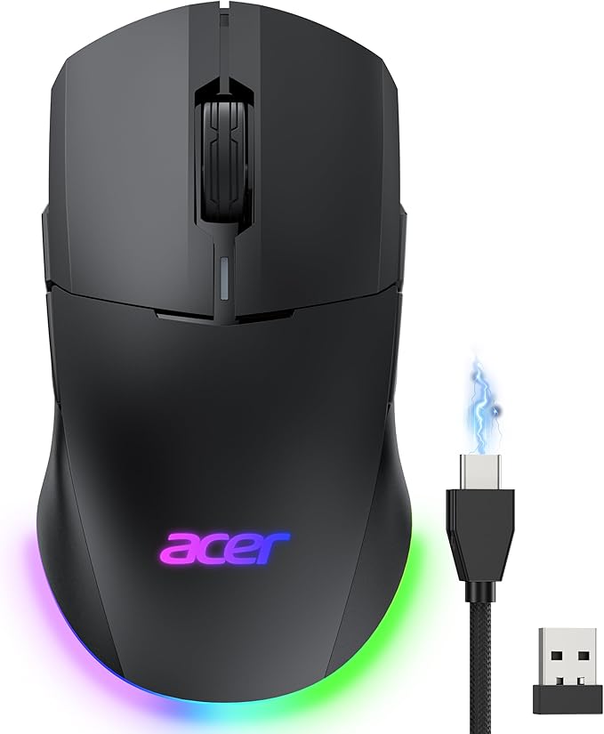 acer Wireless Gaming Mouse for Laptop, 24,000 DPI Wired Computer Mouse with 8 Programmable Buttons, Left & Right Hand, Rechargable Gaming Mice, Long Battery Life, RGB Lighting Gamer for PC, Desktop
