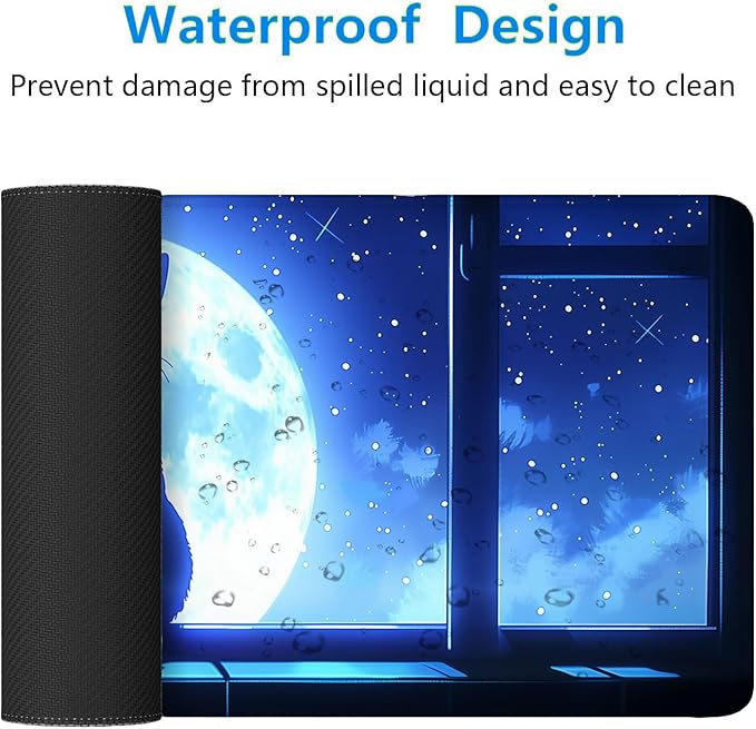 Anime Cat Desk Mat Gaming Mouse Pad Cartoon Cute Cat Looking Moon Large Gaming Mouse Mat with Stitched Edges,Non-Slip Waterproof Rubber Base Mous Mat Office Computer Keyboard Laptop Home 31.5"x11.8"