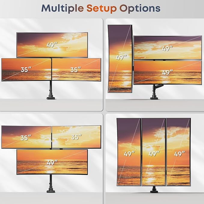 Triple Monitor Mount for up to 49-inch Screens - Heavy Duty Triple Monitor Arm Desk Mount for Ultrawide Monitors Max Load 44lbs per Screen, VESA 75x75 / 100x100 mm, Black