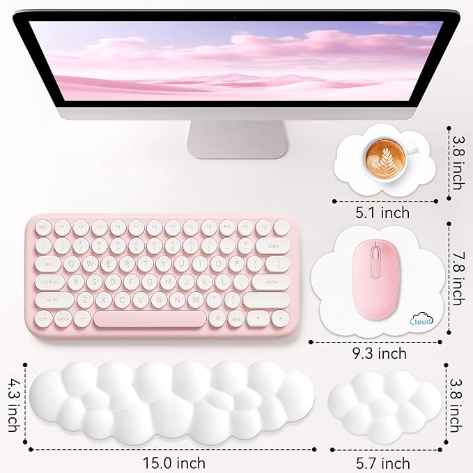 Cloud Wrist Rest for Computer Keyboard, 4-in-1 Memory Foam Leather Cloud Keyboard Wrist Rest and Mouse Pad Set with Ergonomic Support for Arm and Palm Cushion, Gaming/Work Setup, White
