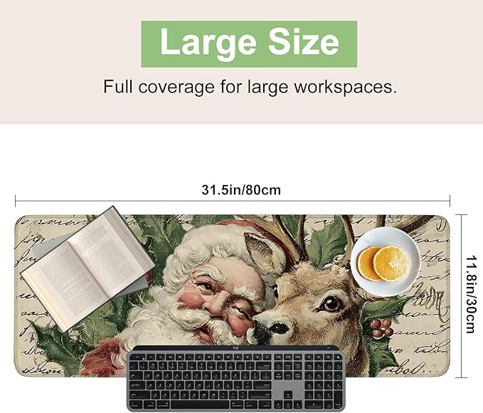 Desk Mat, XXL Extended Gaming Pad for Desktop, 31x12 Inches Santa and Reindeer Classic Scene, Large Non-Slip Vegan Leather Keyboard Mouse Mat for Home Office