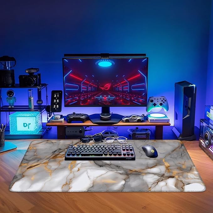 Marble Extended Gaming Mouse Pad 35.4x15.7Inch Large Desk Mat Anti-Slip Rubber Base & Durable Stitched Edges for Gamers Smooth Mouse Writing Surface for Desk Office/Home