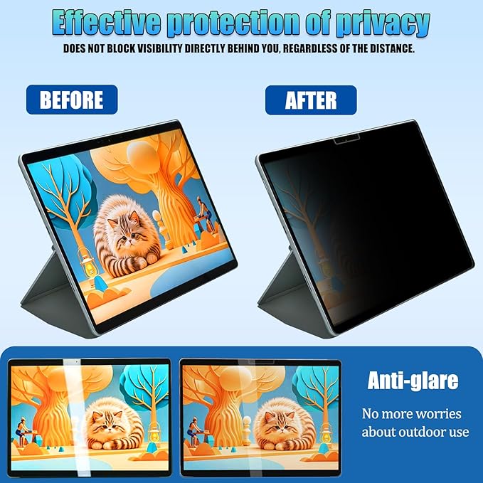 Privacy Screen Protector for Microsoft Surface Pro 12 Inch - Anti-Spy Filter with Blue Light Blocking - Removable, Reusable, Bubble-Free Installation
