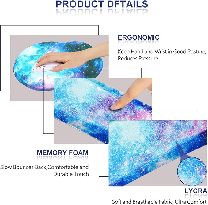 ArtSo Upgraded Wrist Rest Support for Mouse Pad & Keyboard, Ergonomic Gel Mousepad Non-Slip Rubber Base Home, Office Wrist Support & Easy Typing Cushion with Neoprene Cloth & Soft Memory Foam, Galaxy
