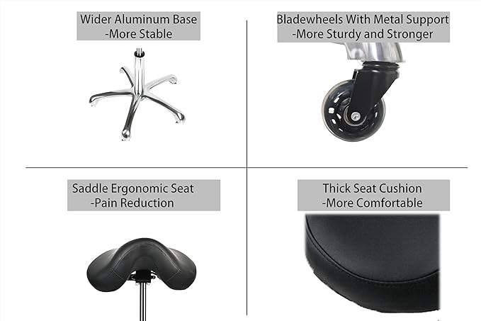 Saddle Tilting Stool Rolling Chair with Thicker Seat Swivel Ergonomic Height Adjustable Footrest Wheels for Beauty Spa Salon Dental Medical Clinic Kitchen Home Office Shop Bar Black