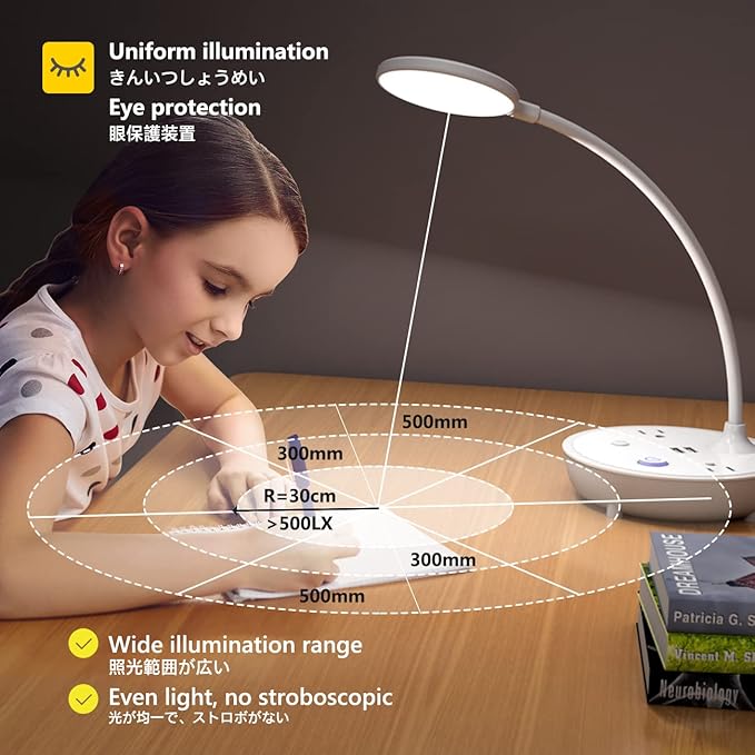 Bodun LED Desk Lamp with 2 USB Charging Port and 2 AC Power Outlet - Adjustable Gooseneck, 3 Level Brightness, Eye-Caring Small White Table Lamp for Home Office College Dorm Room Essentials
