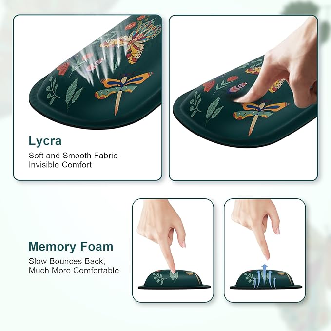 iCasso Ergonomic Mouse Pad with Wrist Rest, Keyboard Wrist Rest Mouse Wrist Rest, Made of Memory Foam, Easy Typing and Relieve Wrist Pain for Computer Keyboard Office(Green Butterfly)