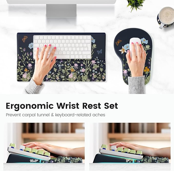 Ospelelf Ergonomic Mouse Pad and Keyboard Stand Wrist Rest Set, Memory Foam Comfort, Wrist Support for Typing, Office Desk Accessories, Moonlit Blossoms